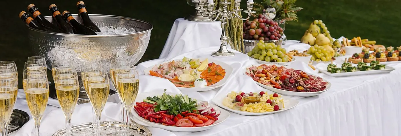 Фуршетный стол с шампанским, нарезками и фруктами